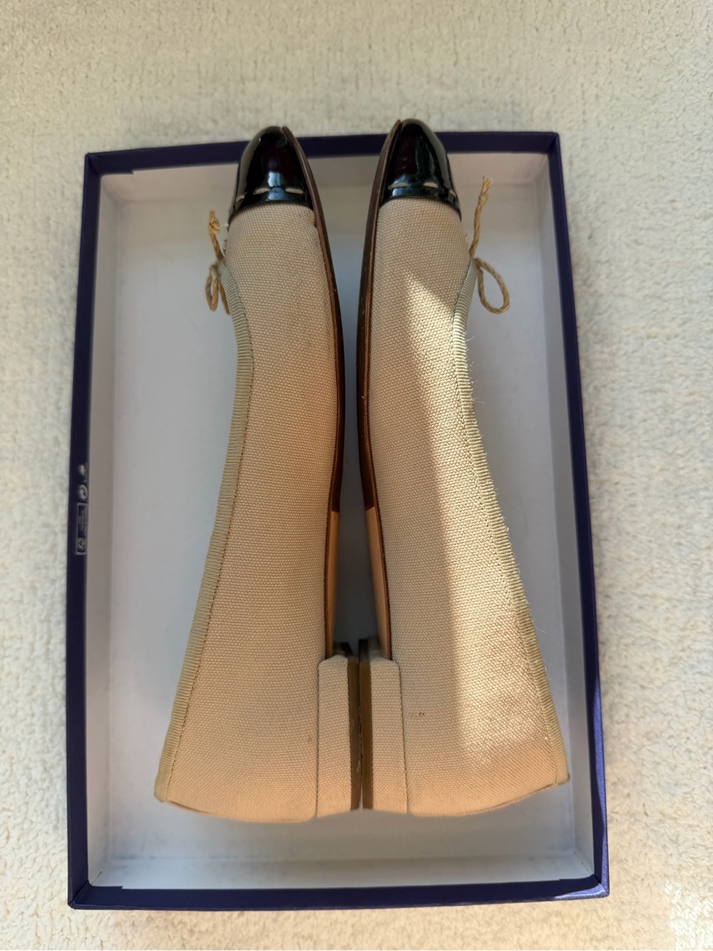 Prada Beige Canvas Ballet Flats with Black Patent Cap Toe - Picture 4 of 5